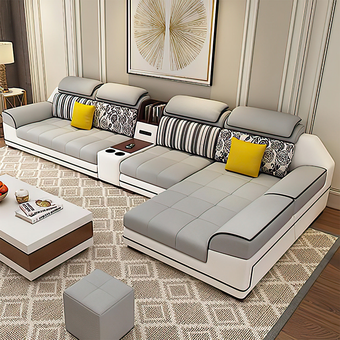 Lynx Light Grey & White Small Modular Tufted Sectional