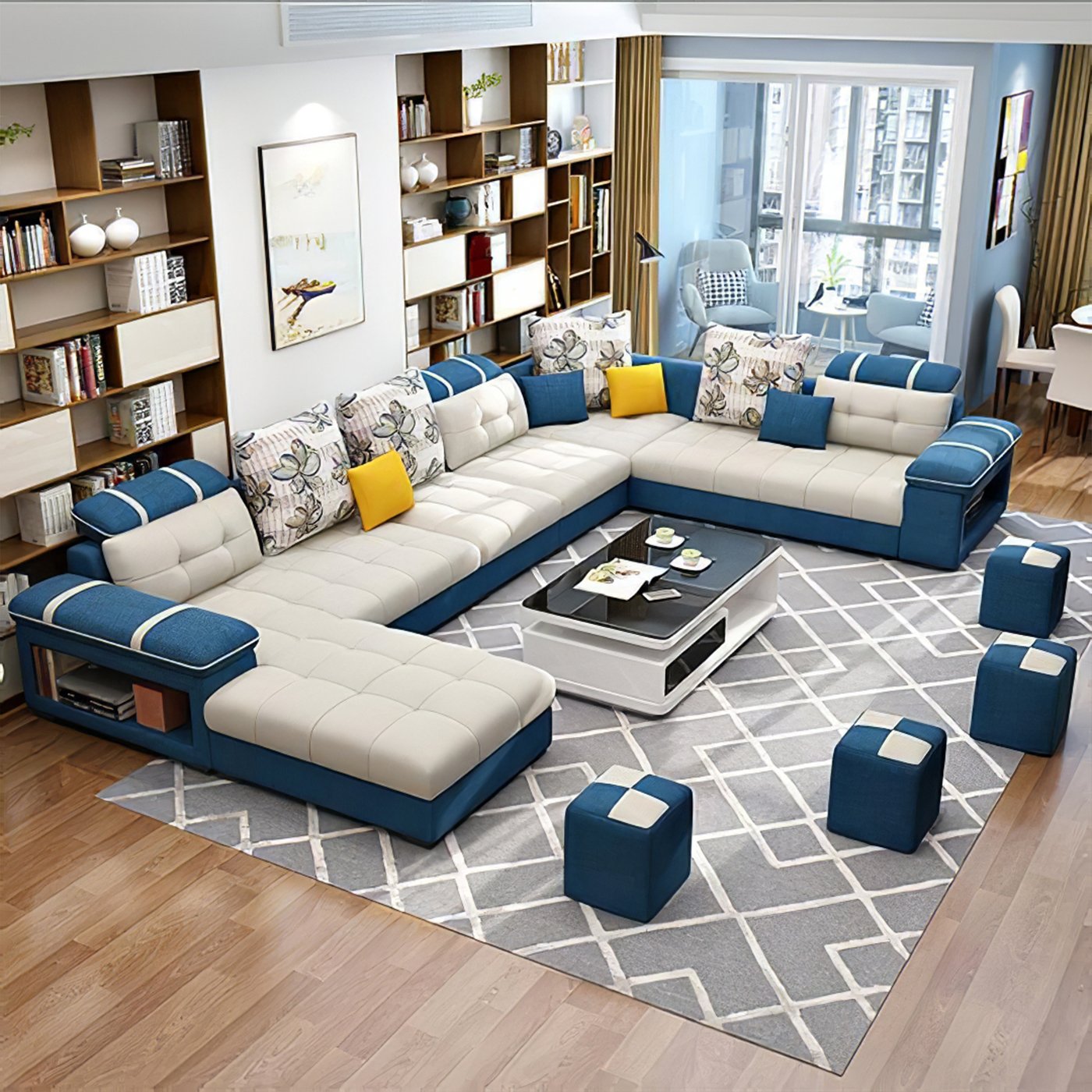 Canis White & Blue Modular Tufted Sectional